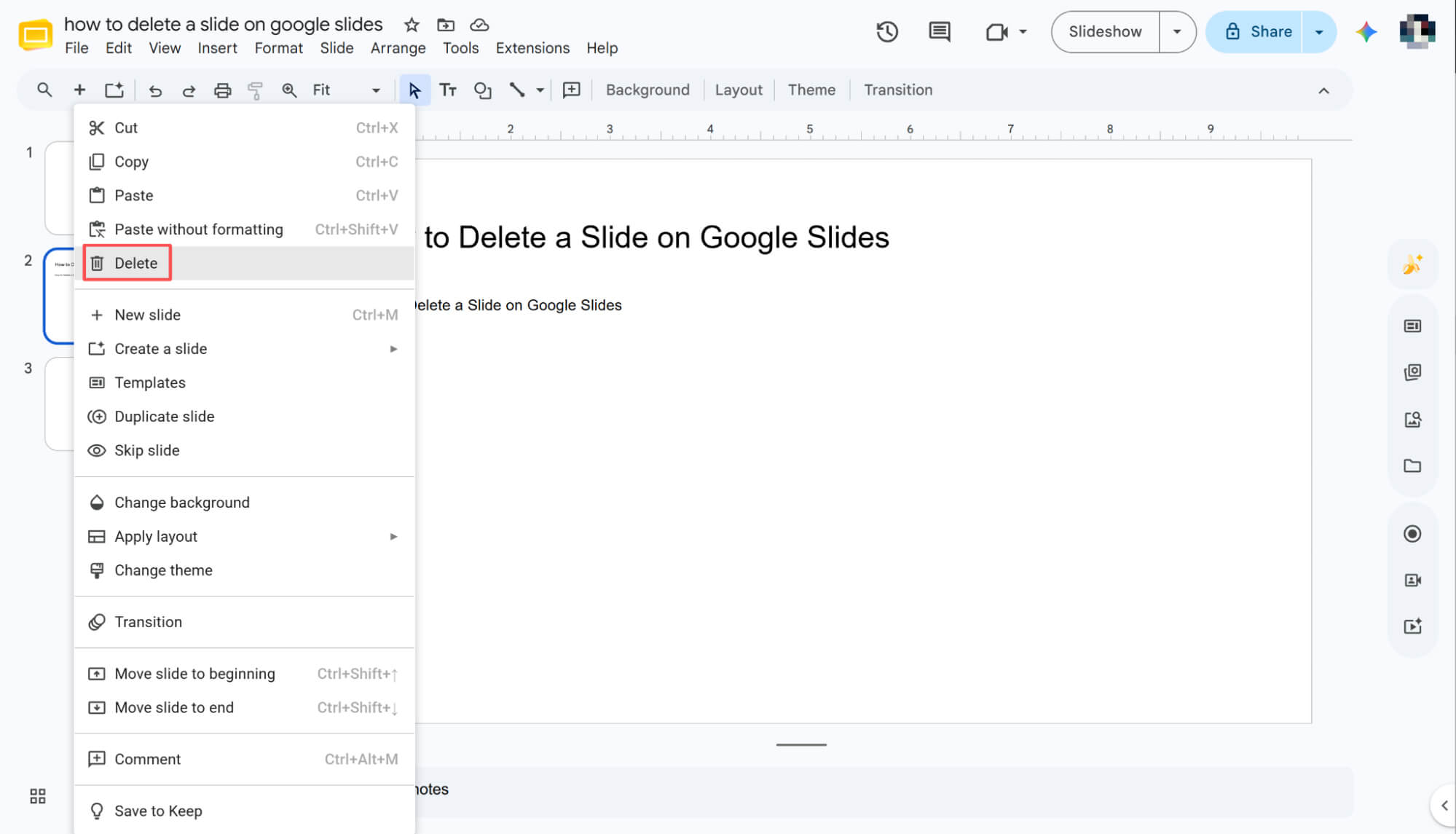 Menghapus slide di Google Slides melalui Klik Kanan